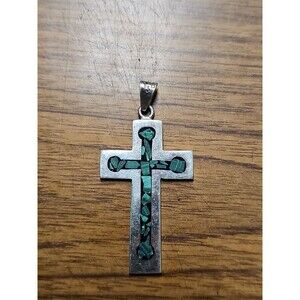 Vintage Malachite Inlaid Silver 925 Cross Pendant Charm Crucifex Artisan Jewelry
